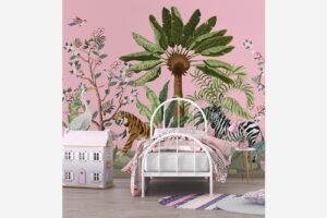 Oosterse jungle - Roze behang met dieren