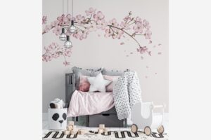 Japanse kersenbloesem - Bloemen behang met vogels en bijen