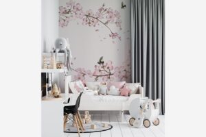 Japanse kersenbloesem - Bloemen behang met vogels en bijen